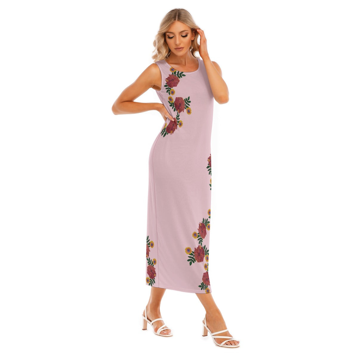 Midi Sleeveless T Shirt Dress with Hibiscus Fowers - Women's Beach Vacation Dress