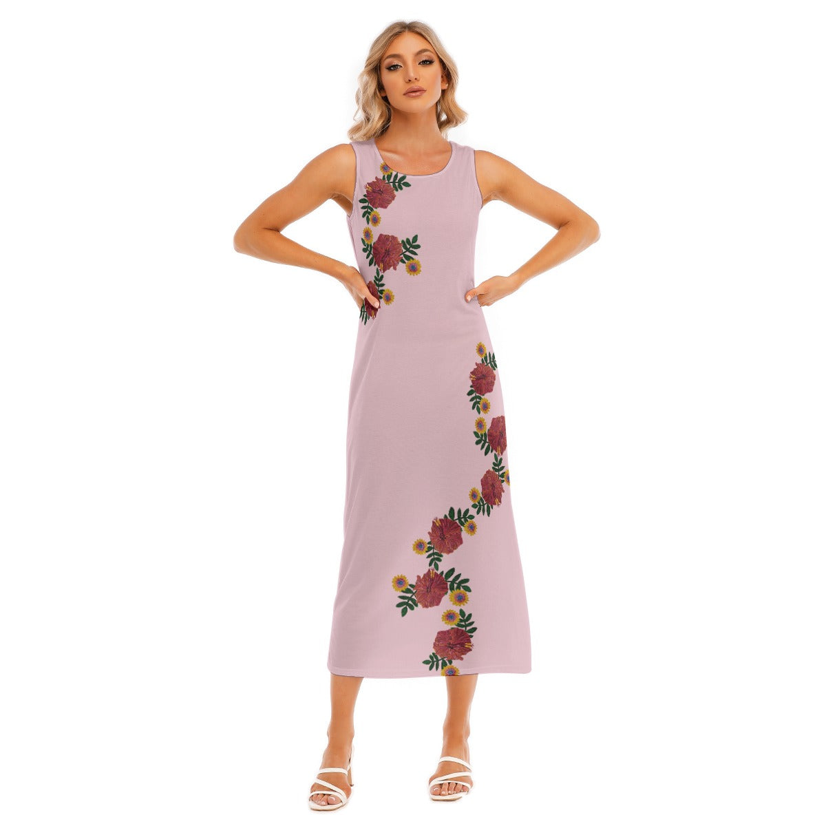 Midi Sleeveless T Shirt Dress with Hibiscus Fowers - Women's Beach Vacation Dress