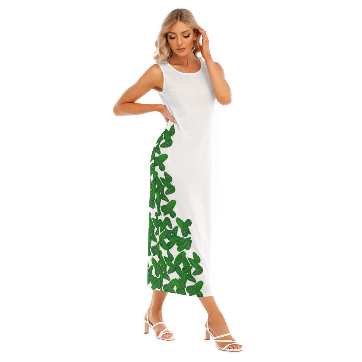 Women's Midi Dress in White with Green Leaves
