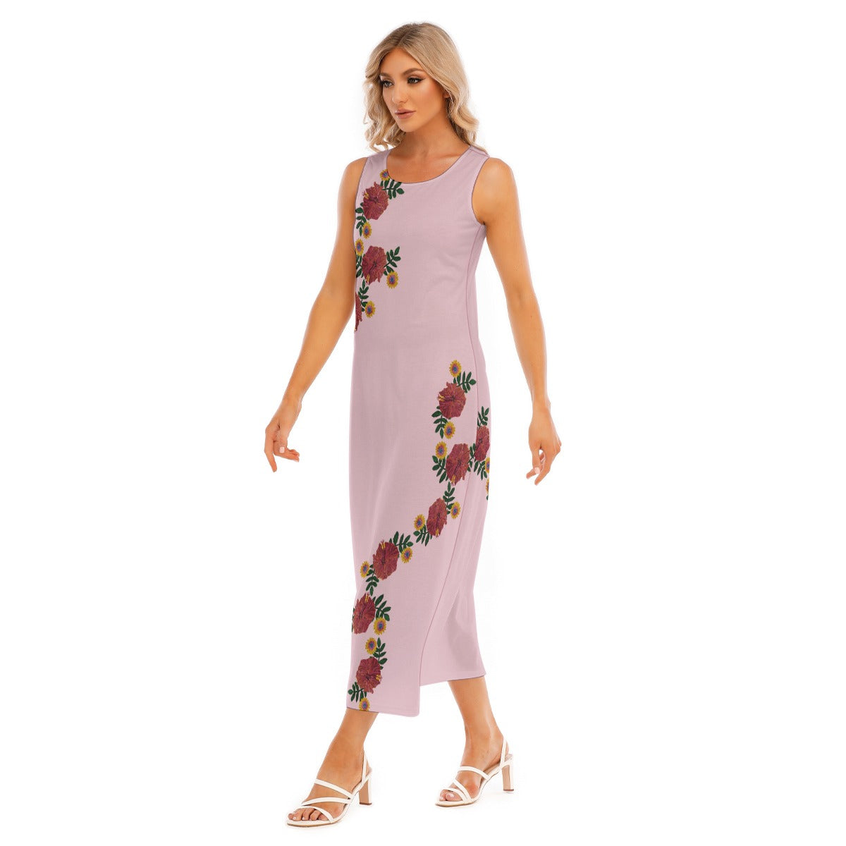 Midi Sleeveless T Shirt Dress with Hibiscus Fowers - Women's Beach Vacation Dress
