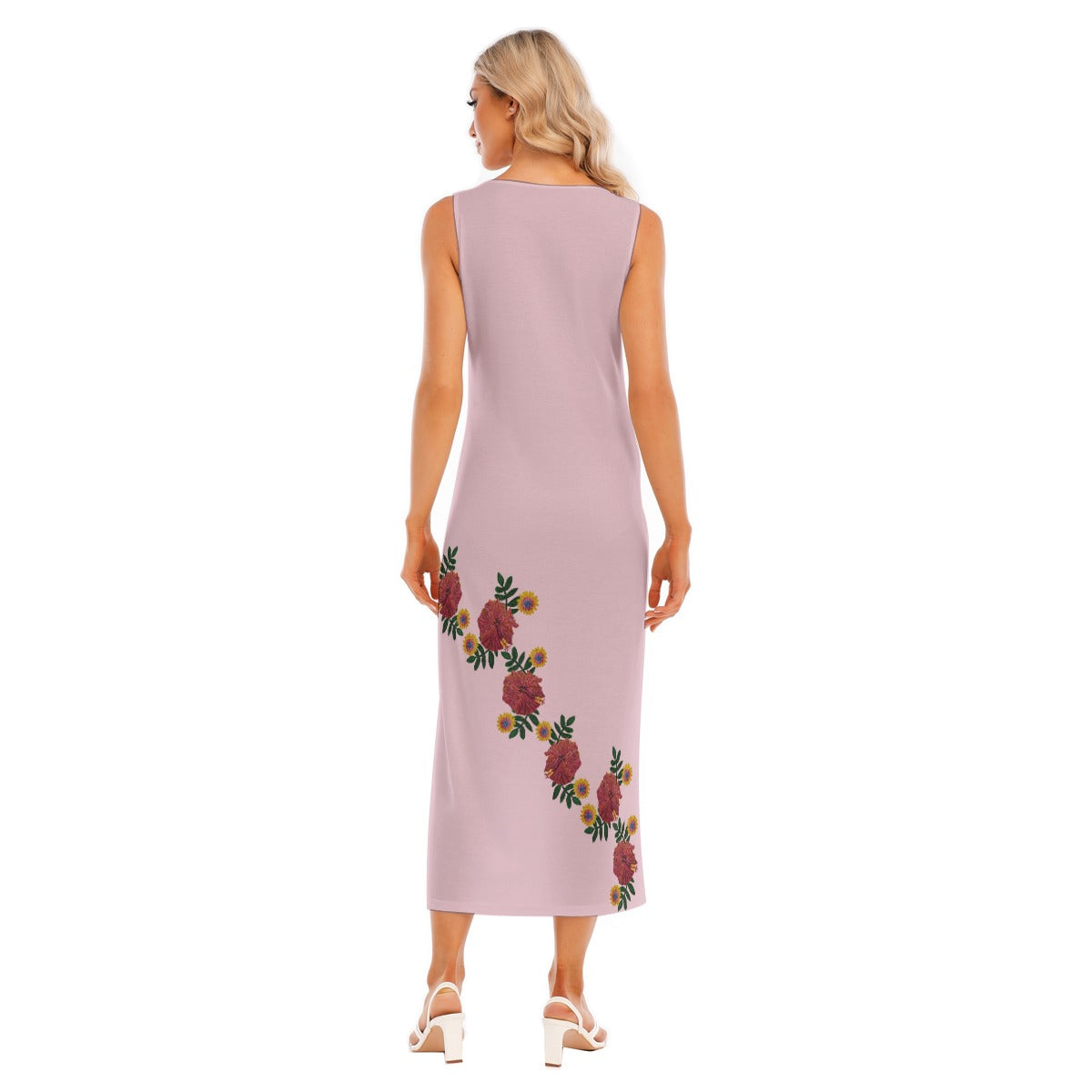 Midi Sleeveless T Shirt Dress with Hibiscus Fowers - Women's Beach Vacation Dress