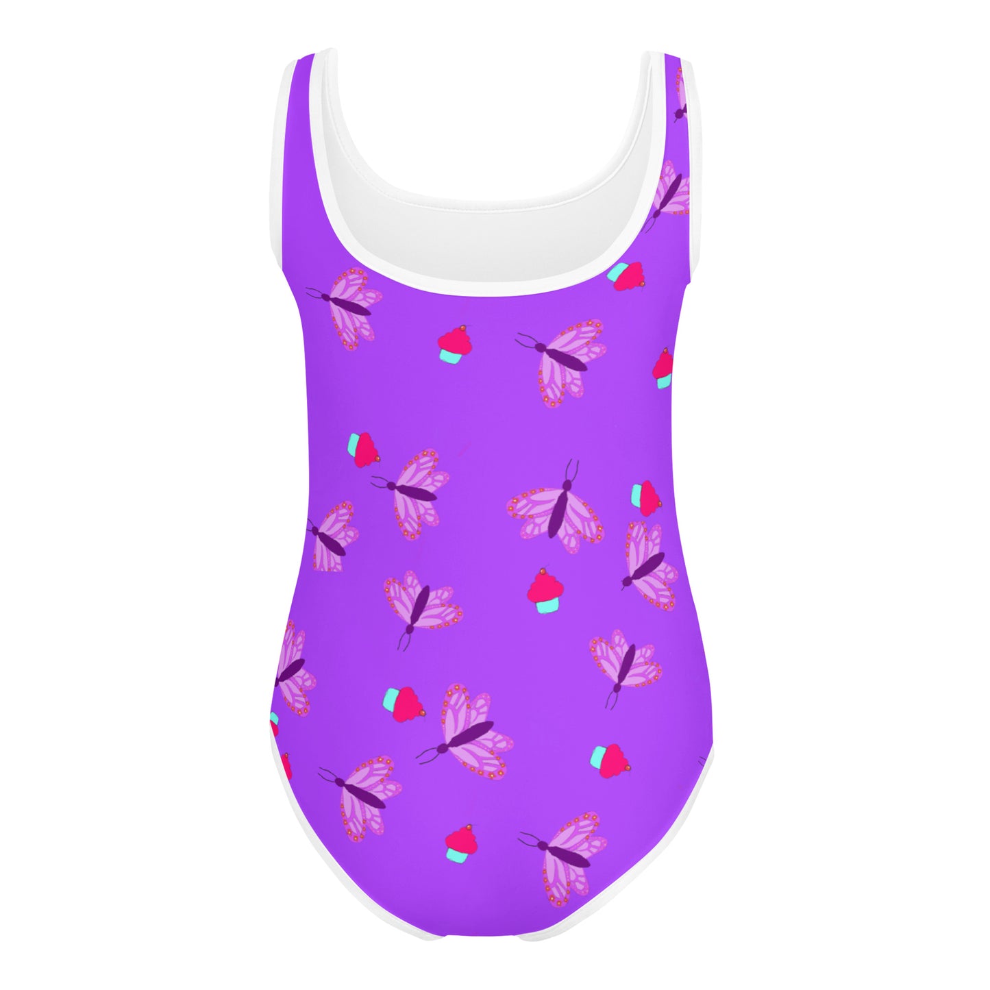 Girls' Swimsuit One Piece Purple with Butterflies and Cupcakes (Size 2T-7)