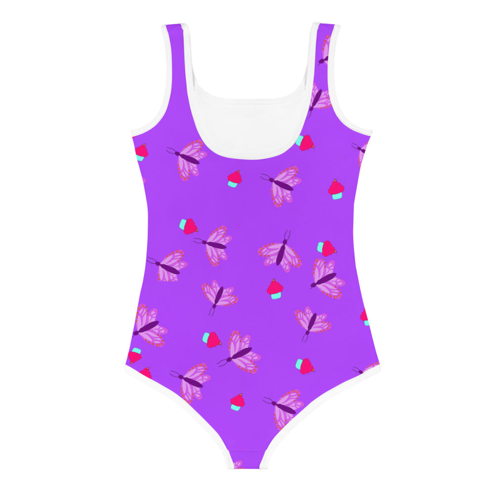 Girls' Swimsuit One Piece Purple with Butterflies and Cupcakes (Size 2T-7)