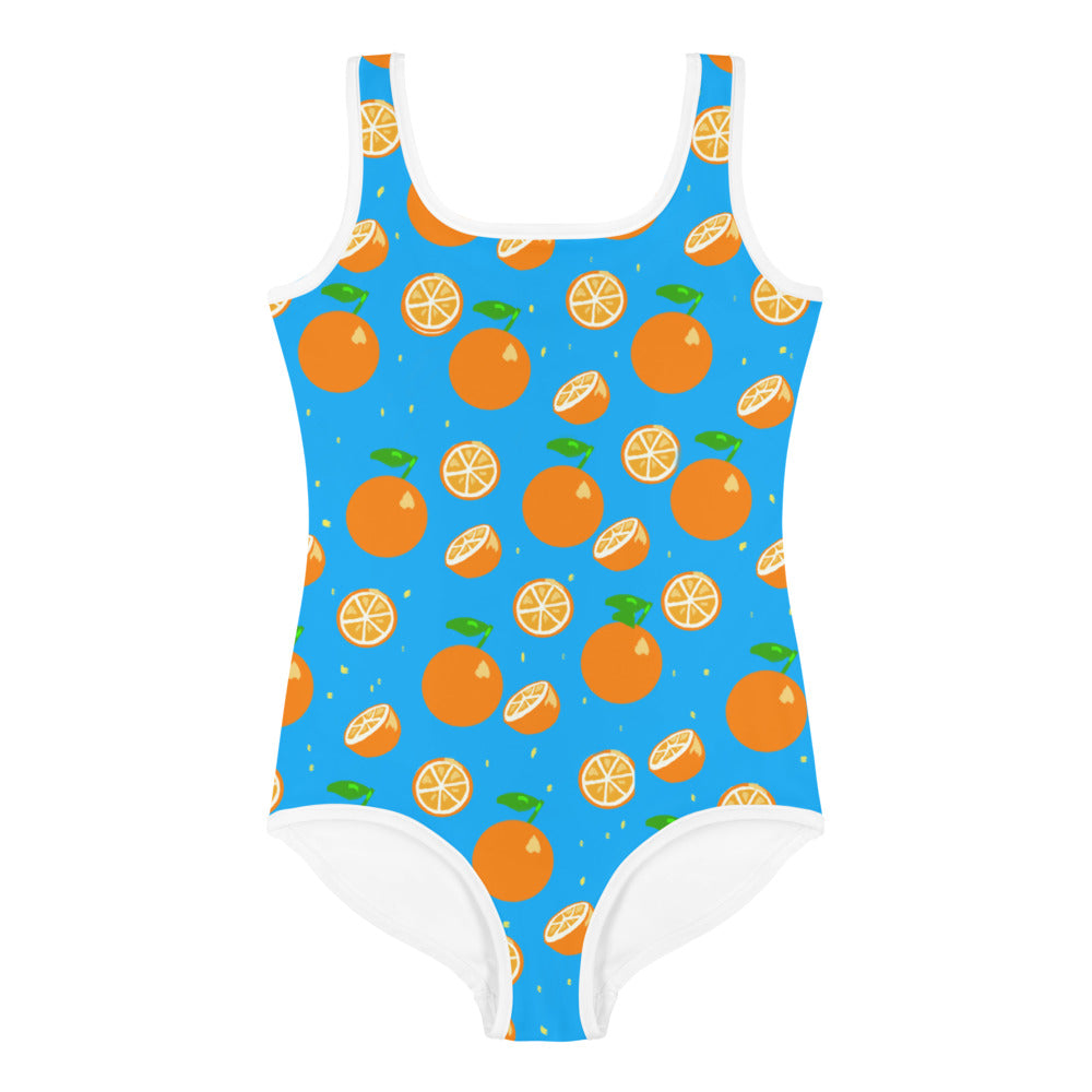 Girls' Swimsuit One Piece Blue with Oranges (Size 2T-7)