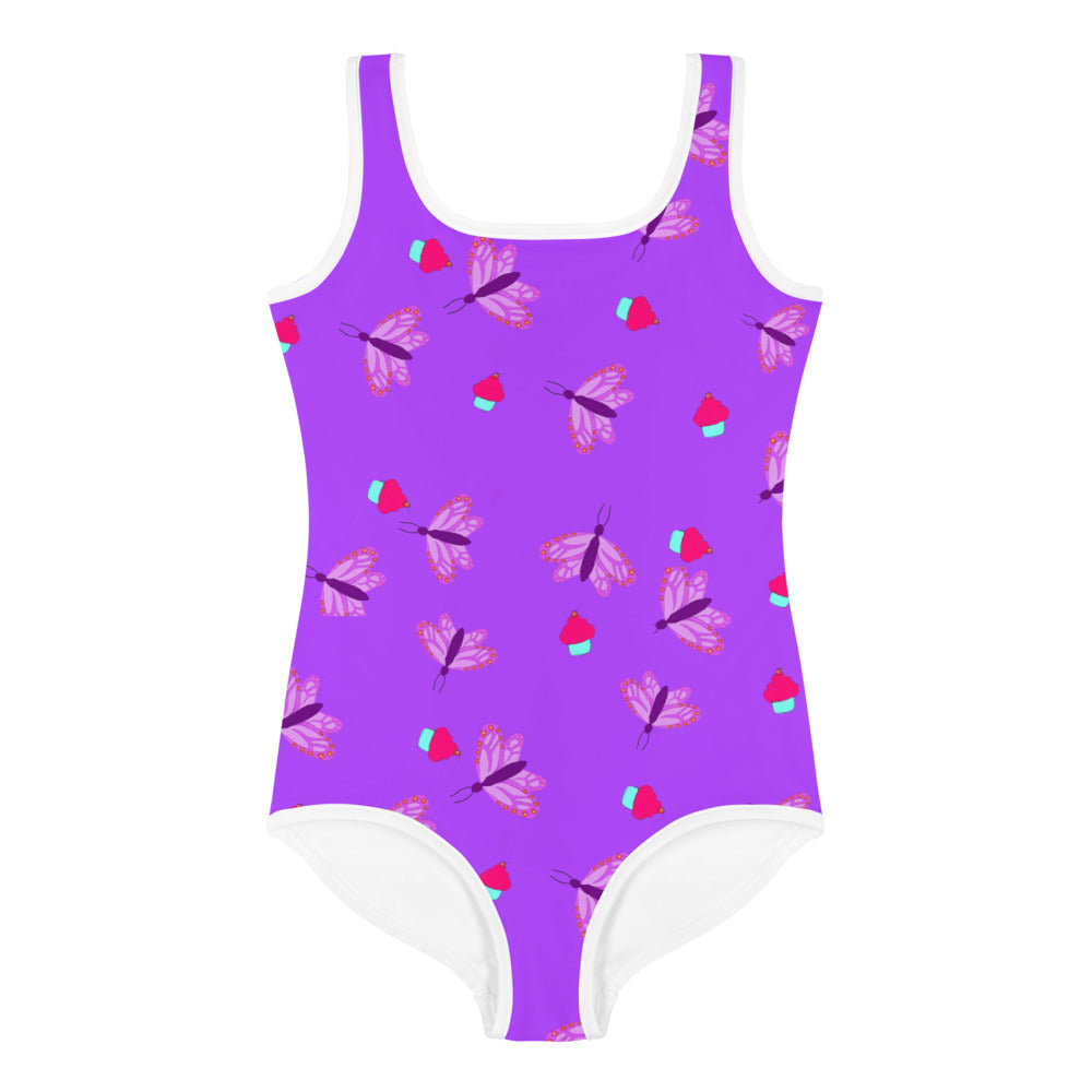 Girls' Swimsuit One Piece Purple with Butterflies and Cupcakes (Size 2T-7)
