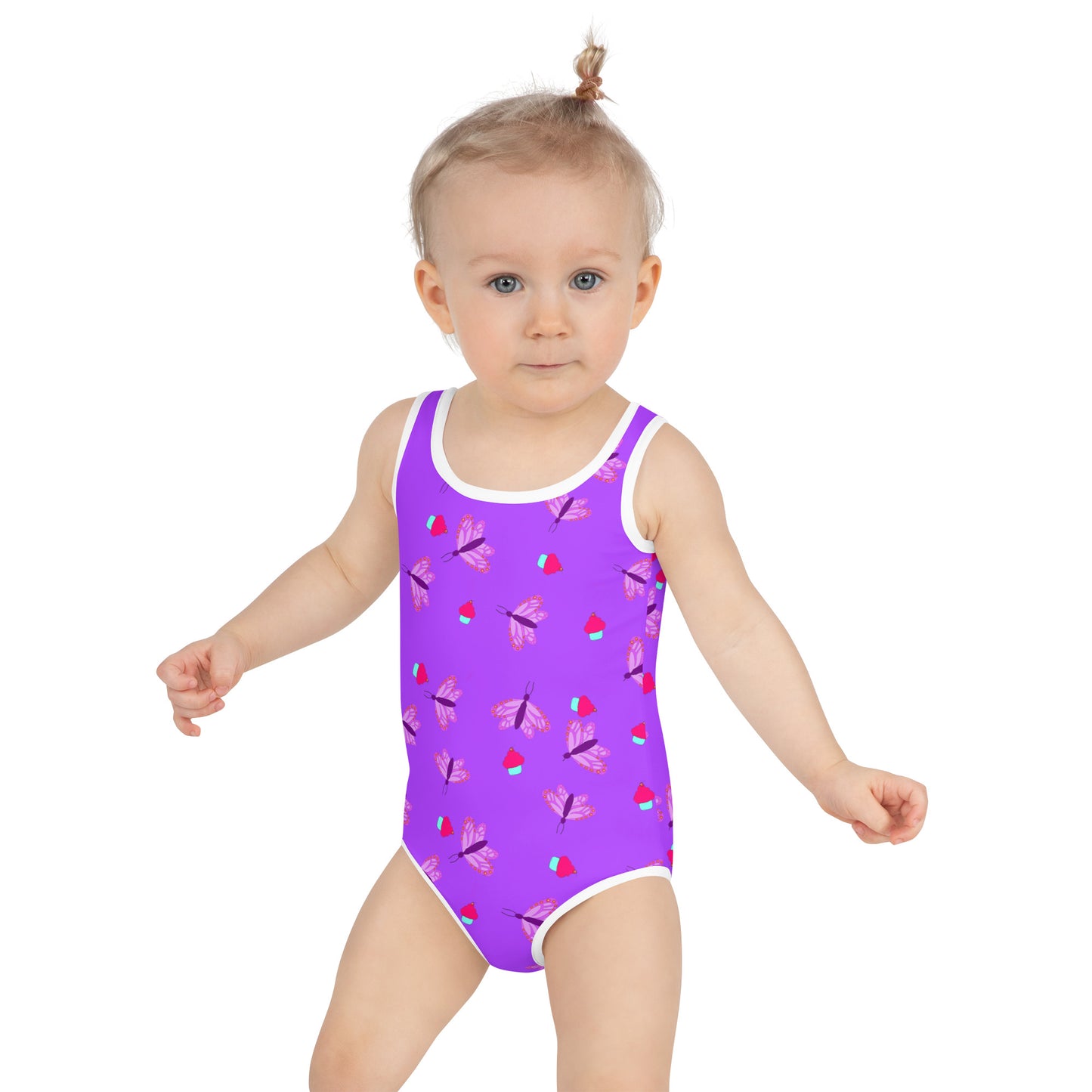 Girls' Swimsuit One Piece Purple with Butterflies and Cupcakes (Size 2T-7)