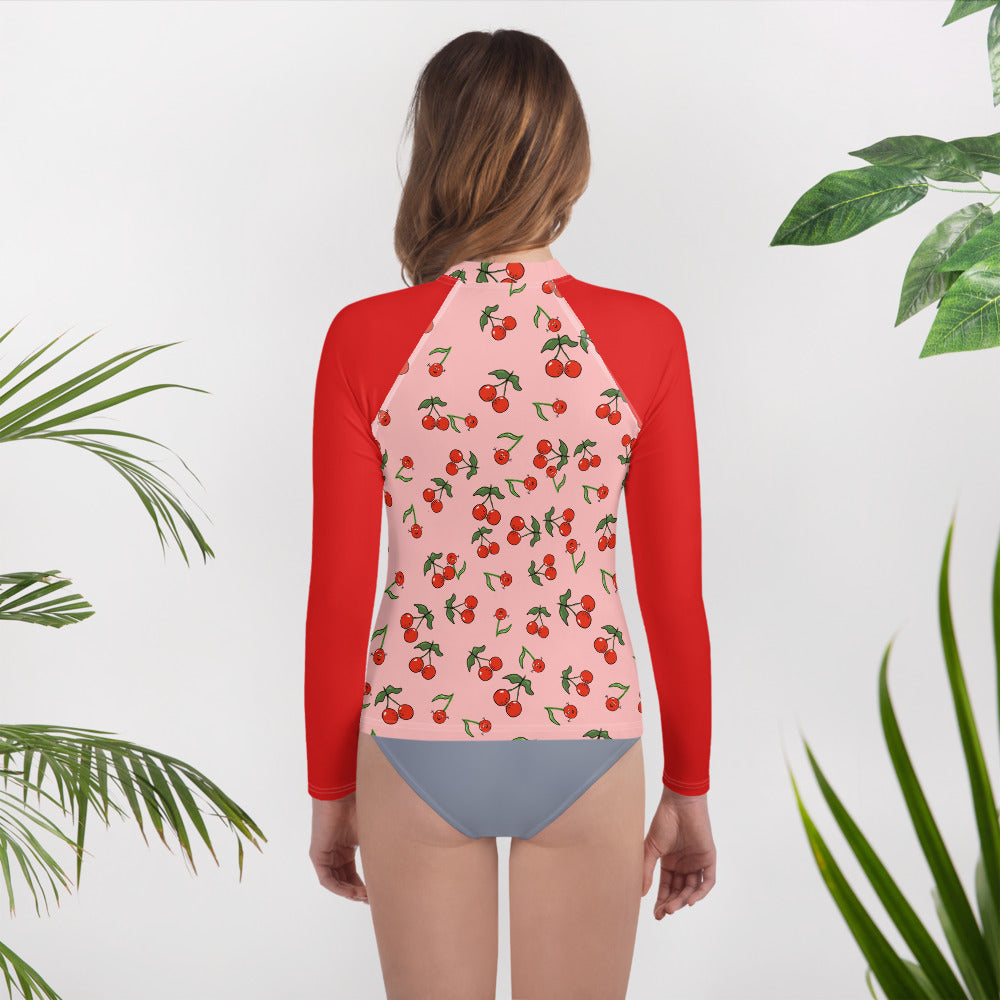 Girls' Rash Guard With Cherries Red Sleeve (Youth 8-20)