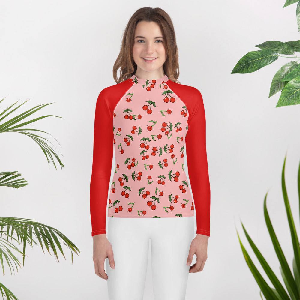 Girls' Rash Guard With Cherries Red Sleeve (Youth 8-20)