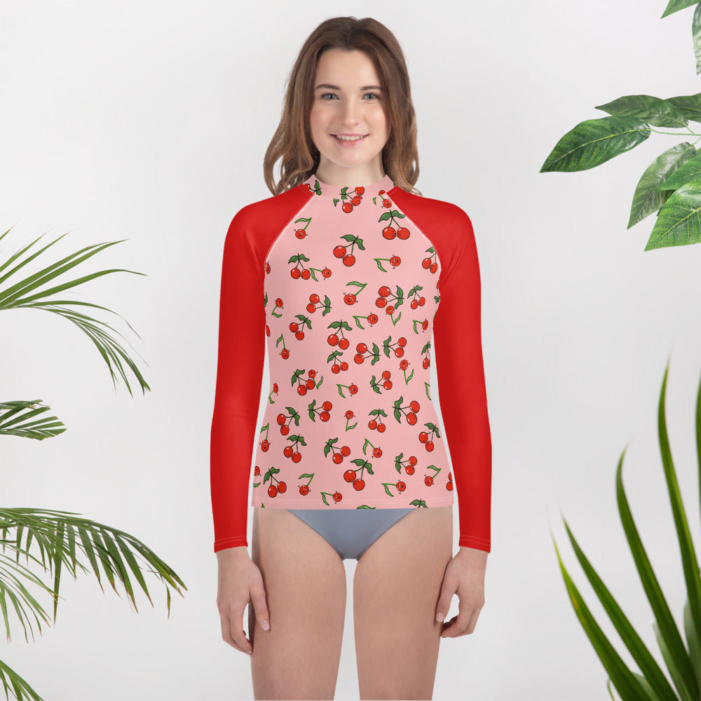 Girls' Rash Guard With Cherries Red Sleeve (Youth 8-20)