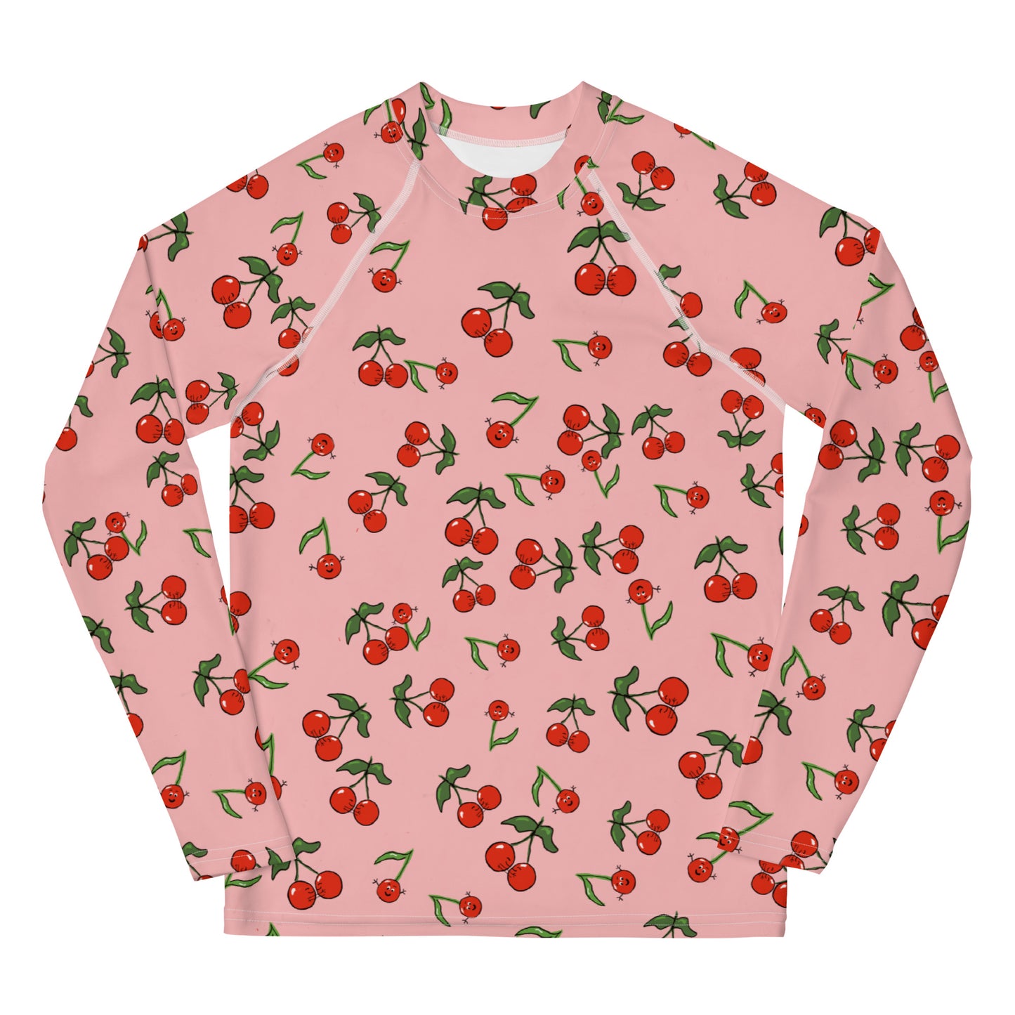 A girls' long sleeve cherry rash guard, it is pink with cherries waving and hugging each other
