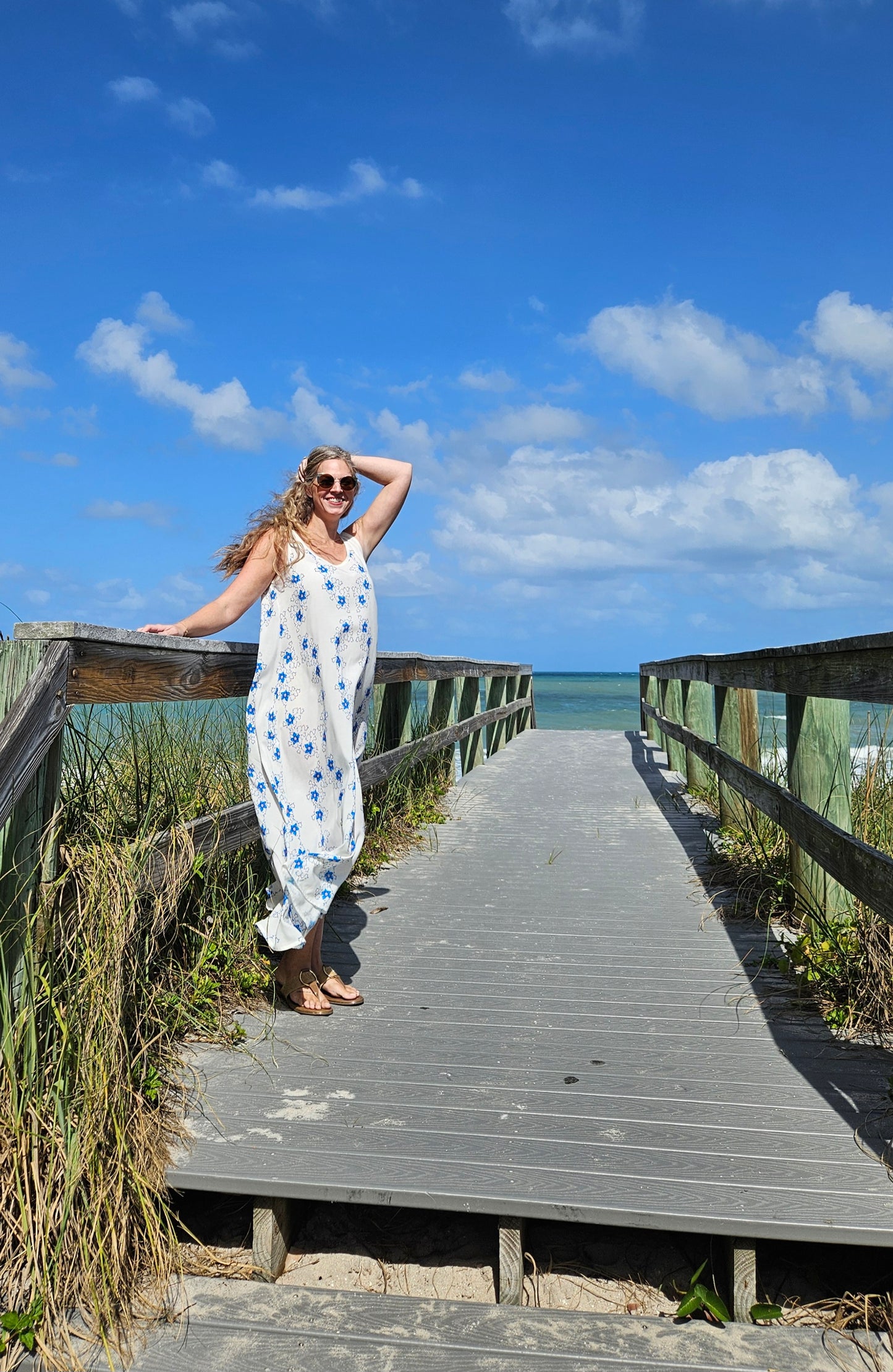 Women's Beach Vacation Dress in White with Blue Flowers - 100% Rayon