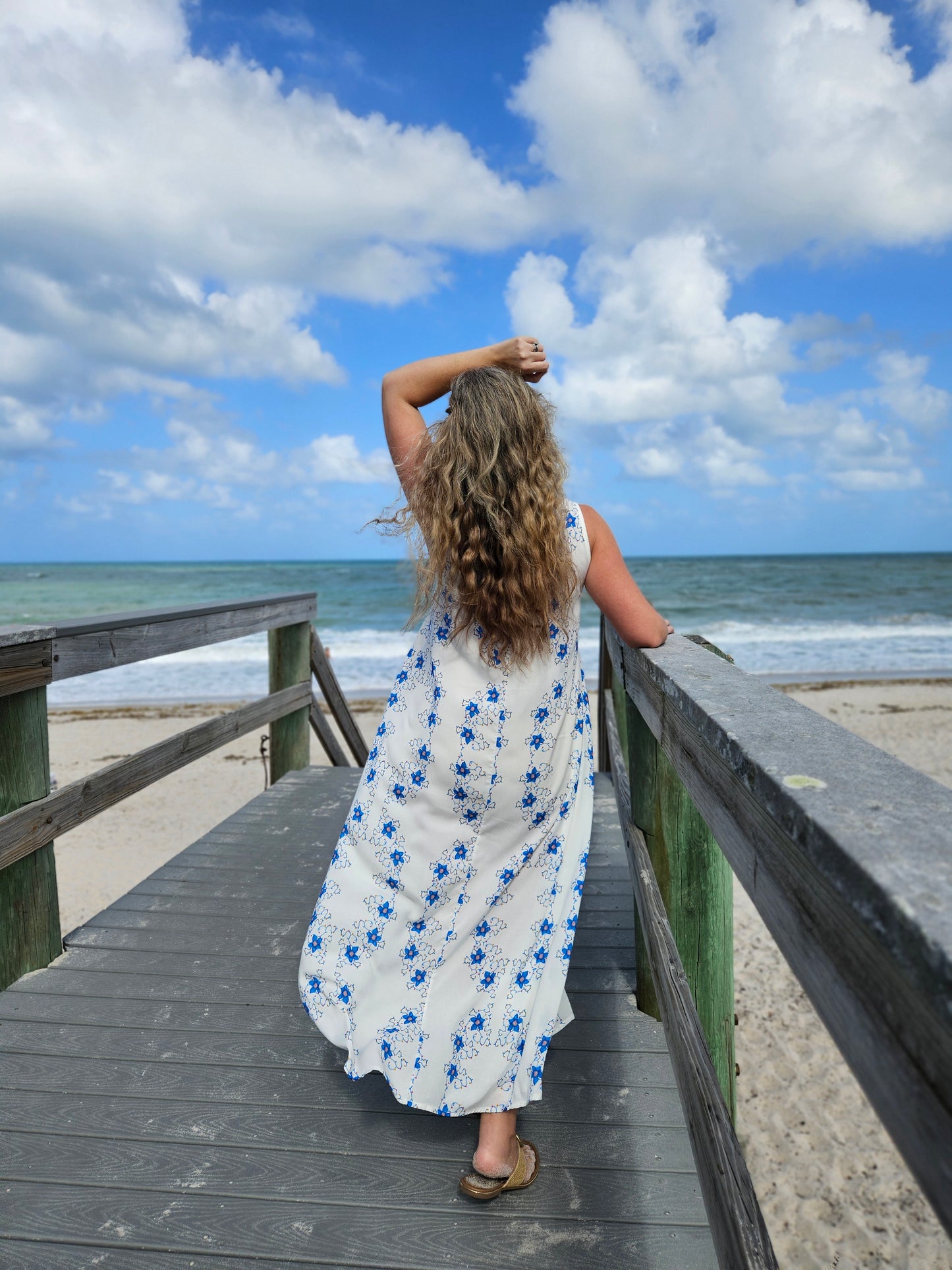 Women's Beach Vacation Dress Sleeveless Tunic Dress in White with Blue Flowers - Rayon