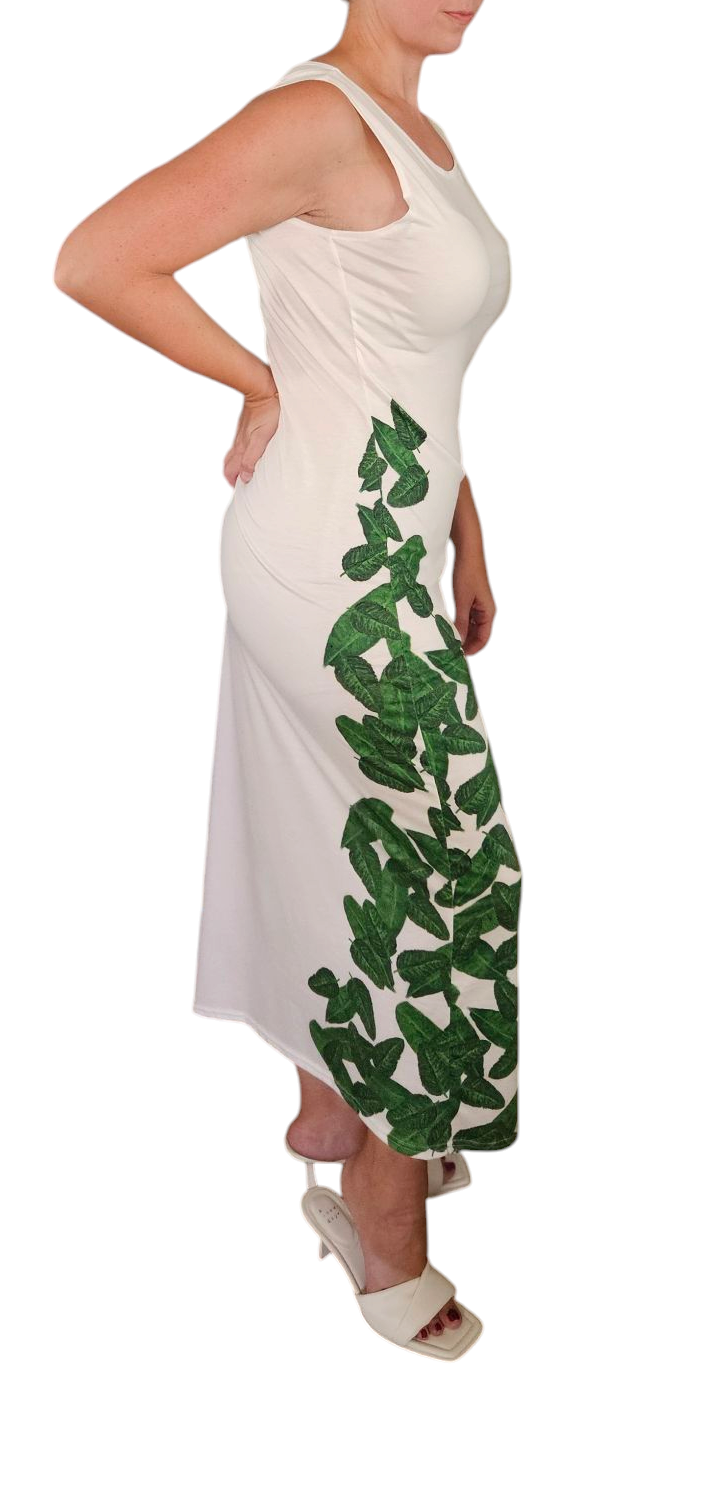 Women's Midi Dress in White with Green Leaves