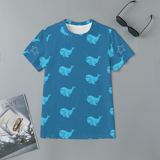 A boy's blue t shirt in Dark blue with light blue whales on it. It has the Relax Star to help with anxiety and SPD. Deep breaths and counting.
