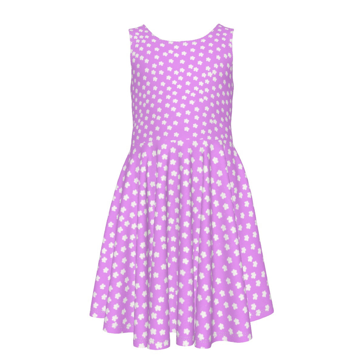 A cute girls dress in purple with small white flowers as the pattern