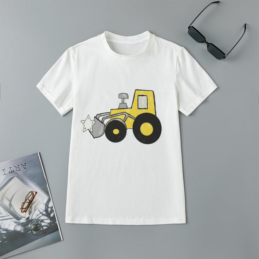 A boys' shirt 100% with white background and a yellow bulldozer scooping up a star with the numbers 1-5 on each point of the star