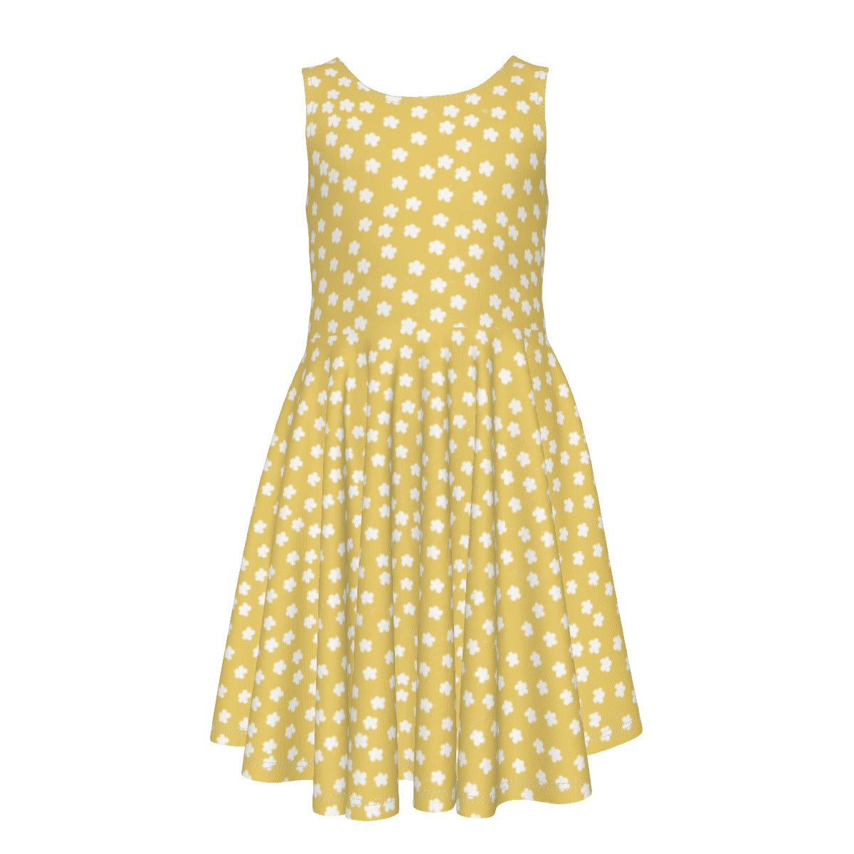 A cute girl's everyday dress in yellow with little white flowers as the pattern