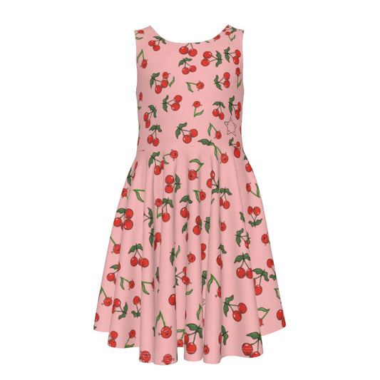 A cute girl's cherry dress with pink background color and cherries that are waving and hugging as the pattern