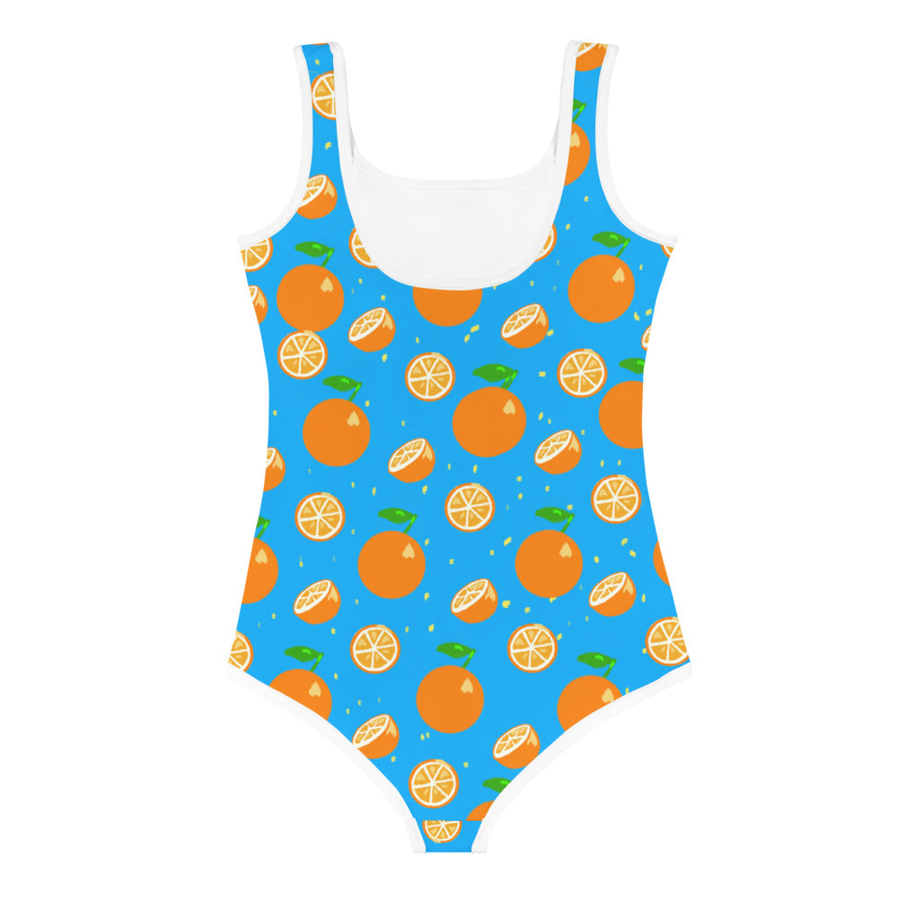 Girls' Athletic Swimsuit One Piece Blue with Oranges (Size 2T-7) FREE SHIPPING