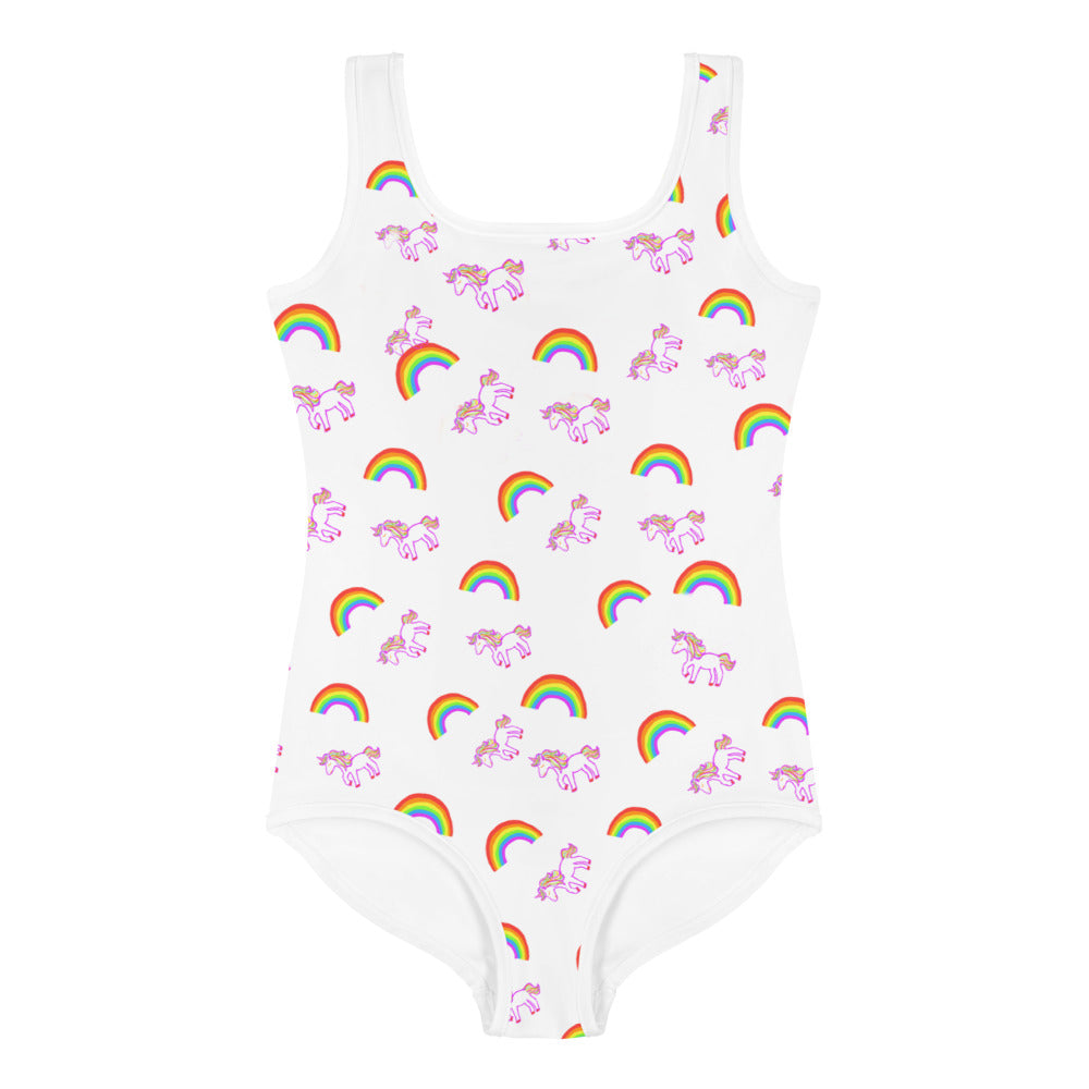 Girls' one-piece swimsuit with a pattern of rainbows and unicorns predominantly in white color.