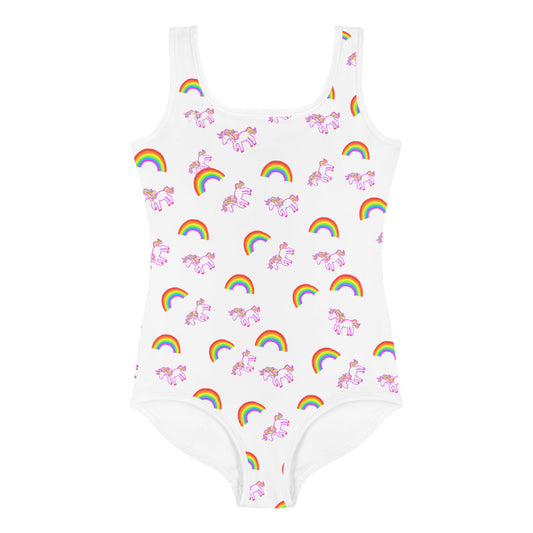 Girls' one-piece swimsuit with a pattern of rainbows and unicorns predominantly in white color.