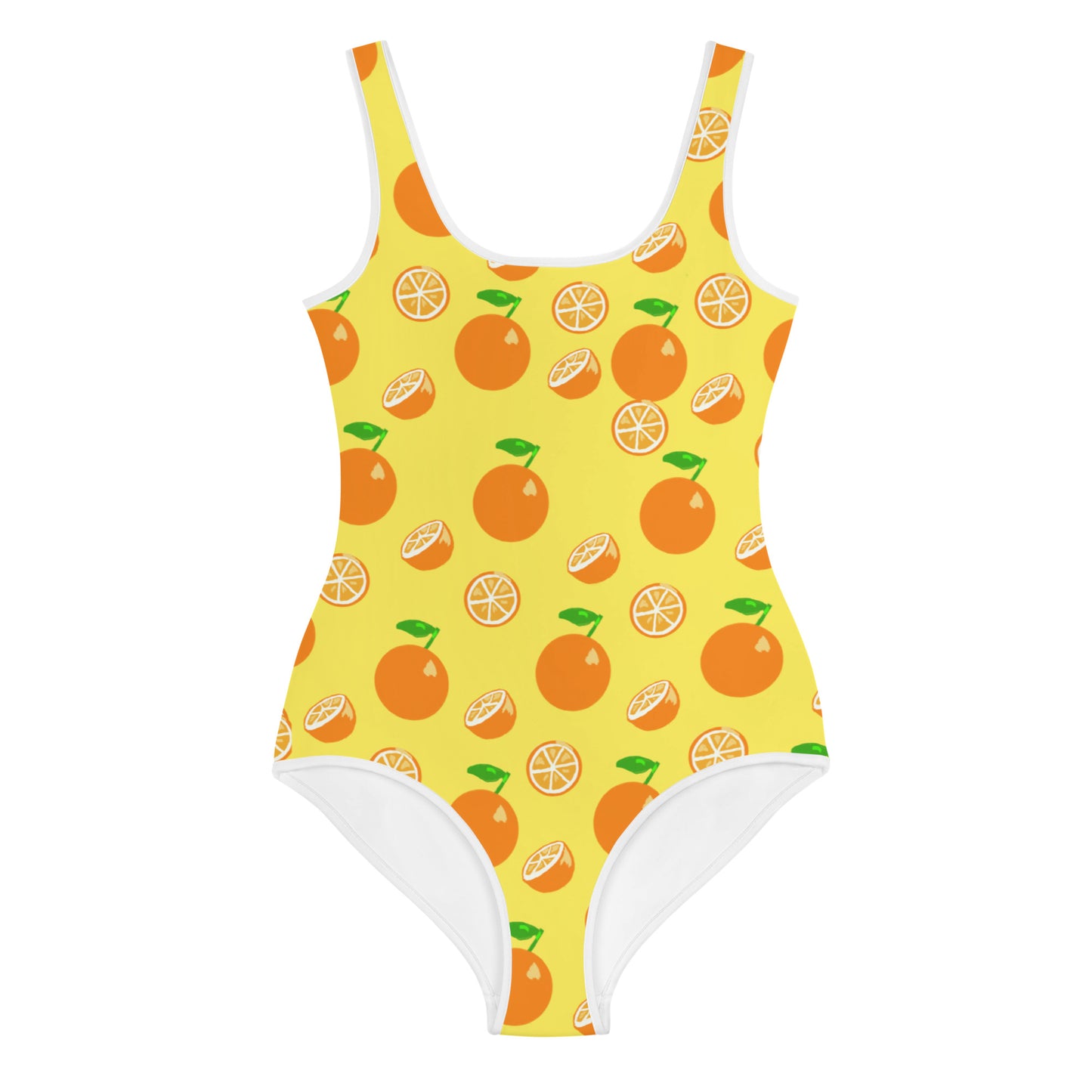 A girls swimsuit one piece bright yellow with oranges and orange slices scattered