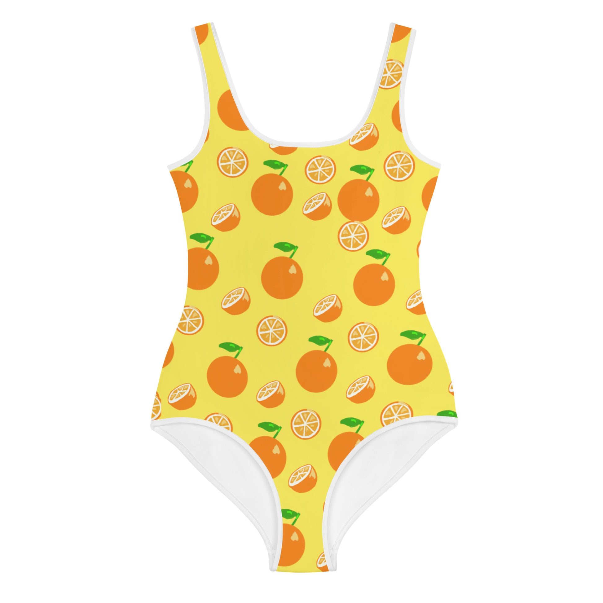 A girls swimsuit one piece bright yellow with oranges and orange slices scattered