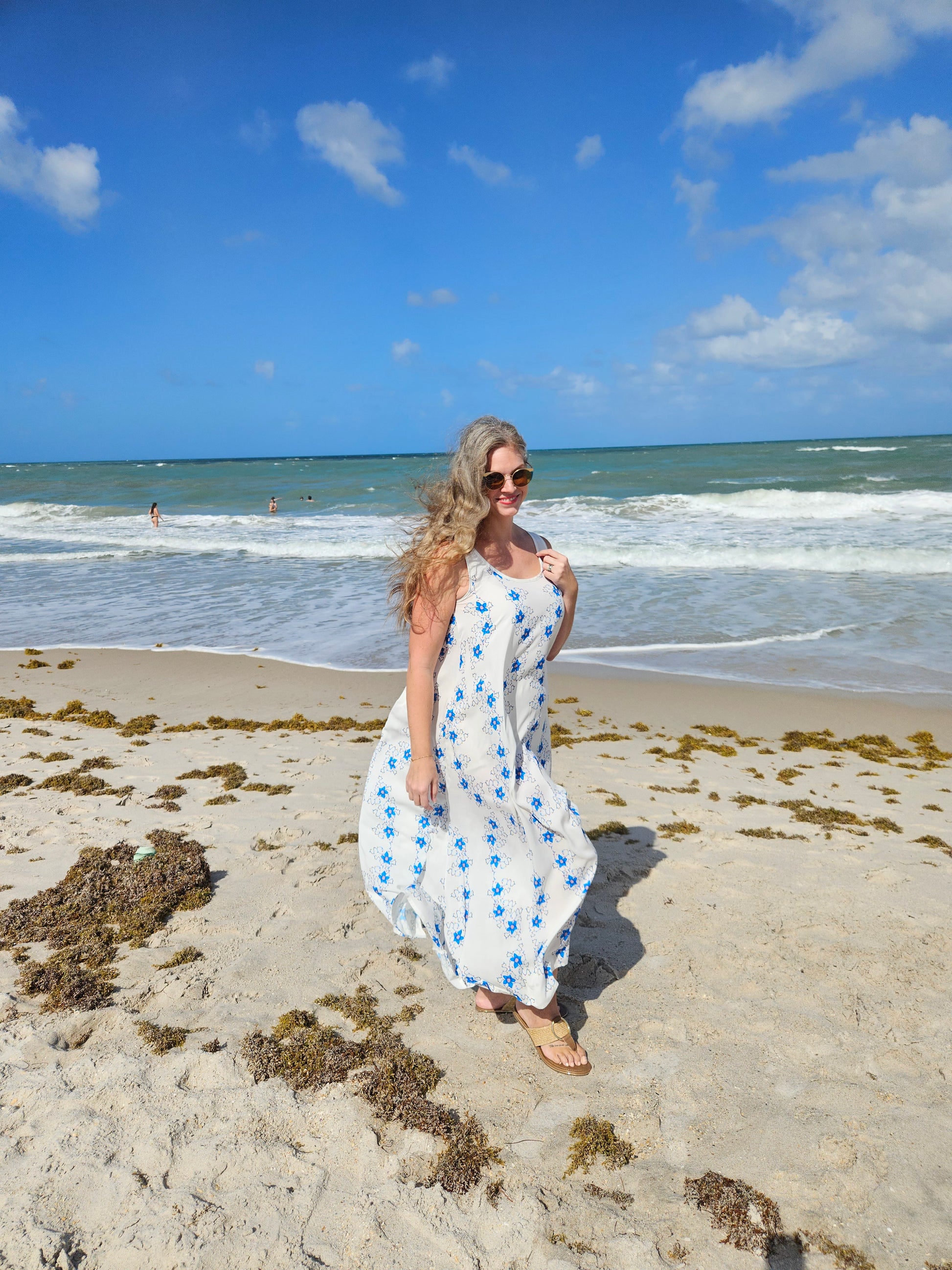 Women's Beach Vacation Dress Sleeveless Tunic Dress in White with Blue Flowers - Rayon Women's Beach Vacation Dress Sleeveless Tunic Dress in White with Blue Flowers - Rayon