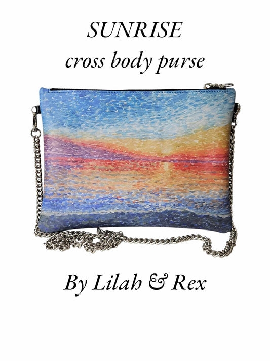 Crossbody leather purse with abstract sunrise painting and metal chain