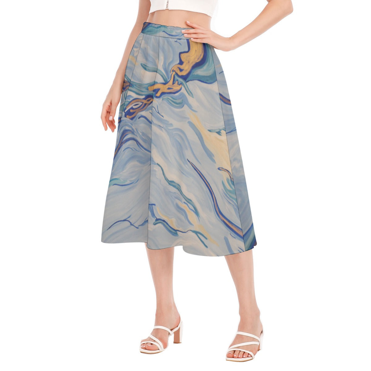 Women's Blue Marble Long Section Chiffon Skirt