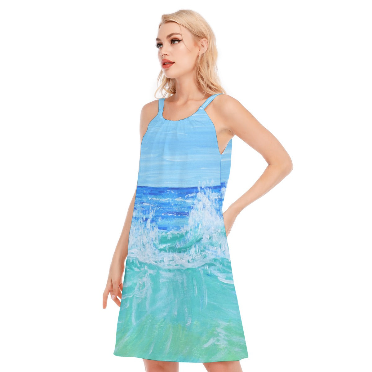 Women's Resort Dress Cotton / Vacation Dress/ Beach Dress with Blue Wave