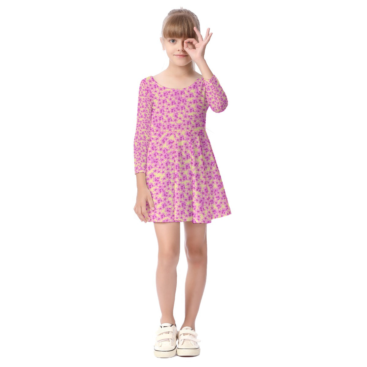 Girl's Pink Flower Long Sleeve Dress