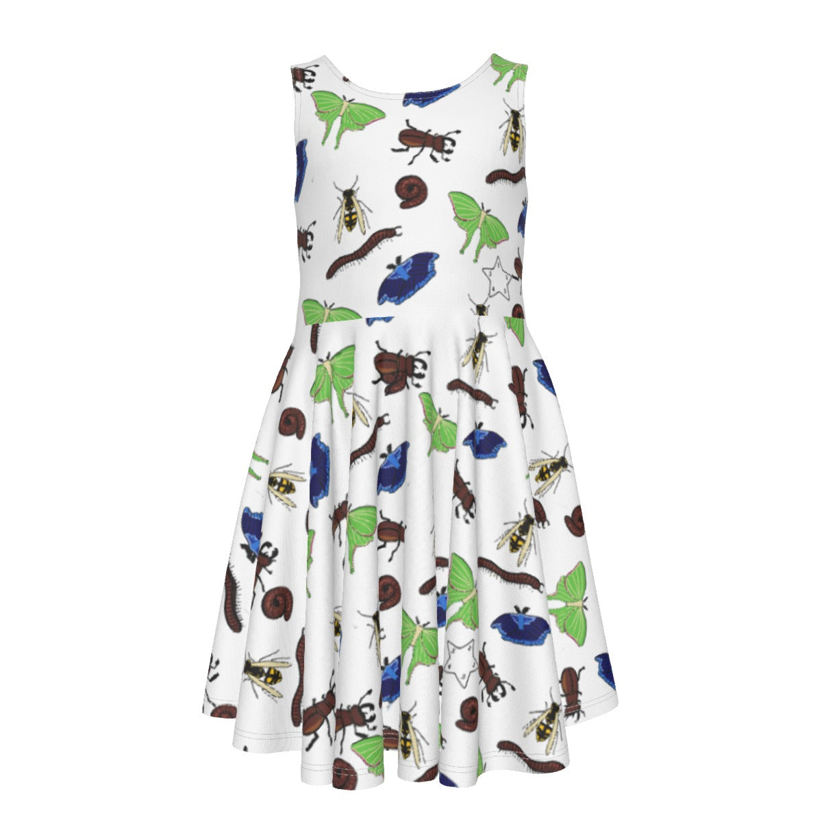 A girl's dress with bugs with wasps, moths, millipedes, and bettle's on it