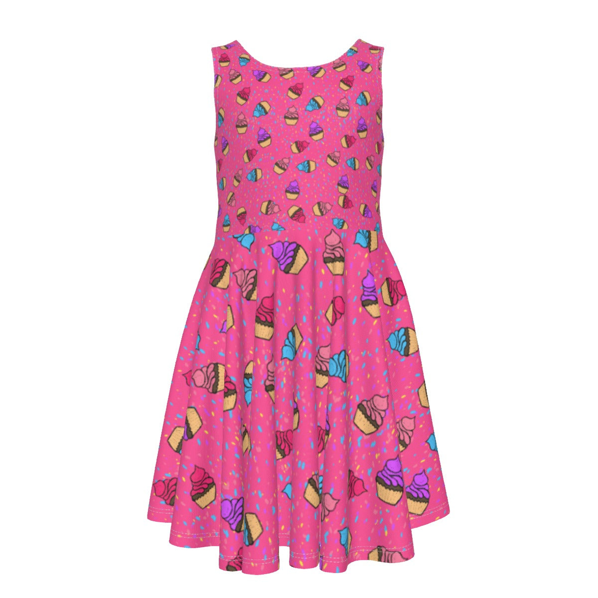 A girl's dress with a bright pink background color and hand drawn colorful cupcake and sprinkle design